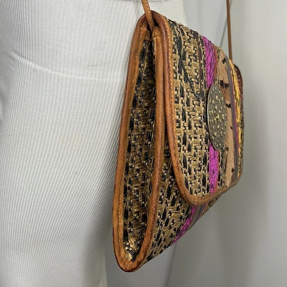 Carlos Falchi Woven Leather and Hemp and Exotic Patchwork of Skins Clutch Bag